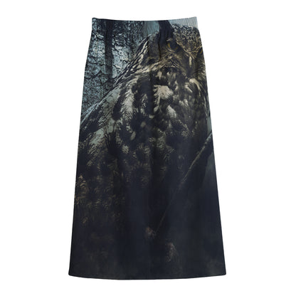Owl At Night Print Cotton Front Slit Maxi Skirt