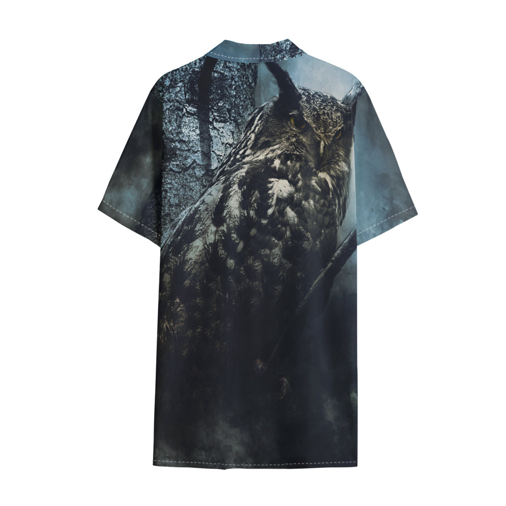 Owl At Night Print Cotton Hawaiian Shirt