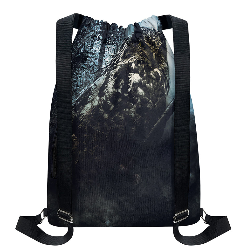 Owl At Night Print Drawstring Backpack