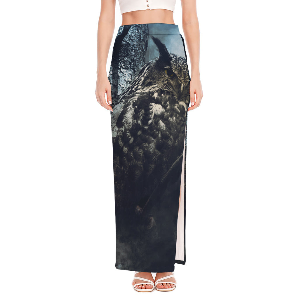 Owl At Night Print High Slit Maxi Skirt