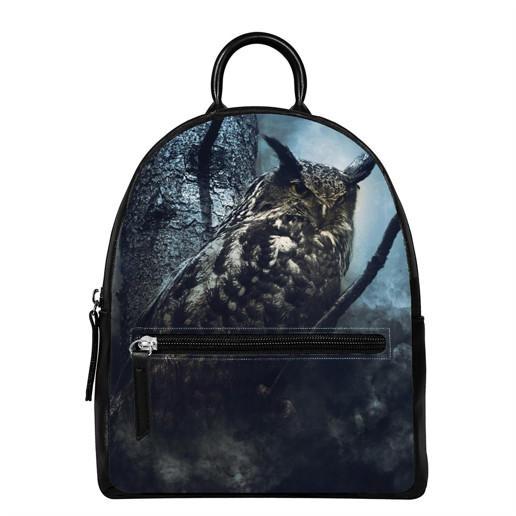 Owl At Night Print Leather Backpack