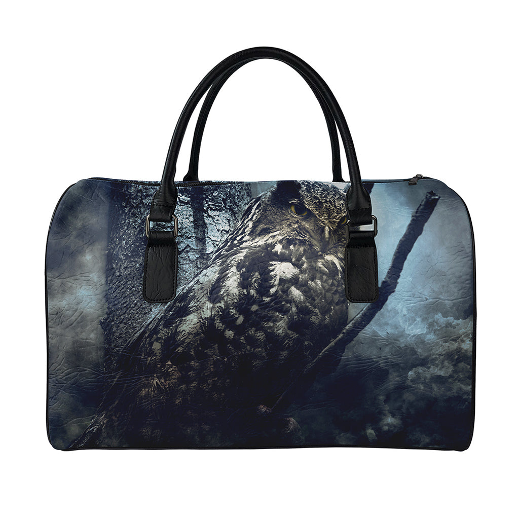 Owl At Night Print Leather Duffle Bag
