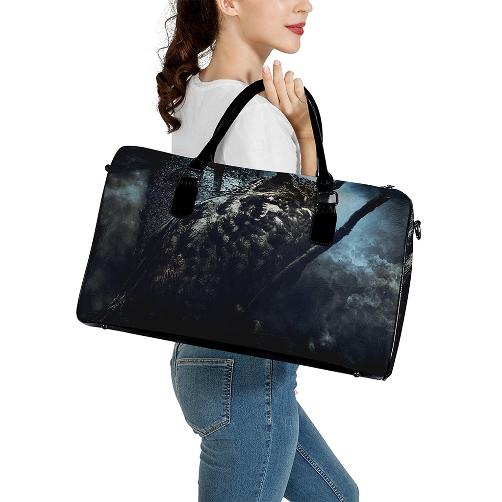 Owl At Night Print Leather Duffle Bag