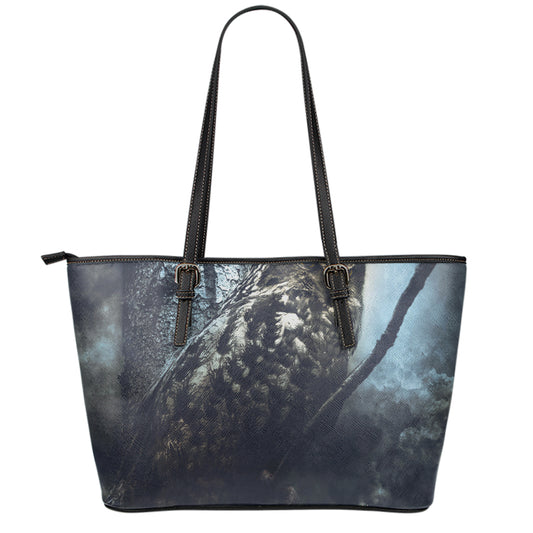 Owl At Night Print Leather Tote Bag