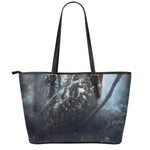 Owl At Night Print Leather Tote Bag