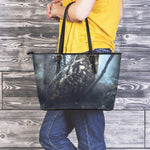 Owl At Night Print Leather Tote Bag