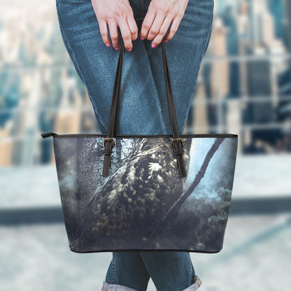 Owl At Night Print Leather Tote Bag