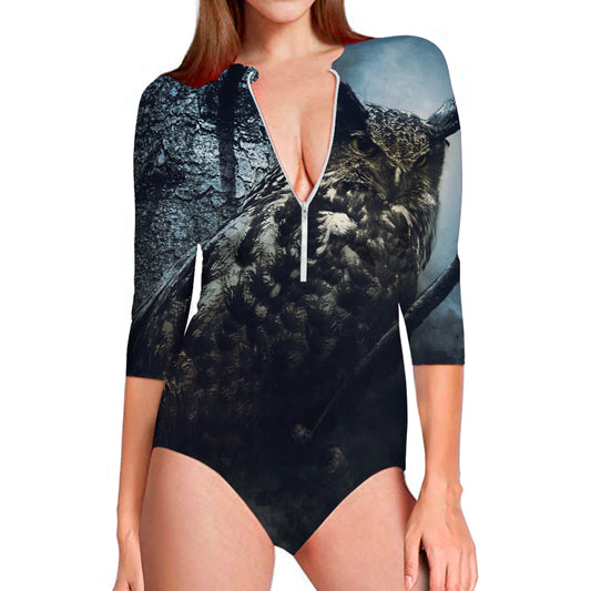 Owl At Night Print Long Sleeve Swimsuit