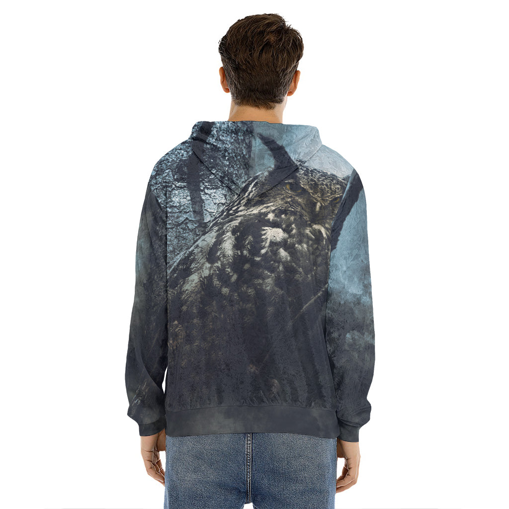 Owl At Night Print Men's Velvet Pullover Hoodie