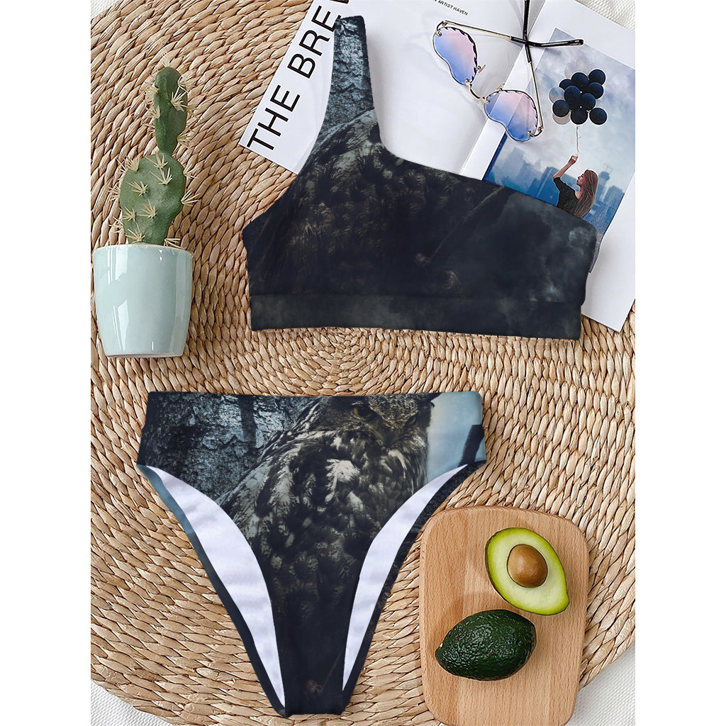 Owl At Night Print One Shoulder Bikini Top