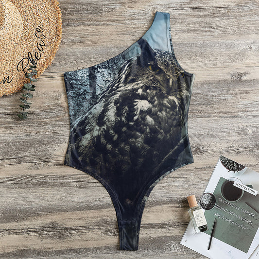 Owl At Night Print One Shoulder Bodysuit