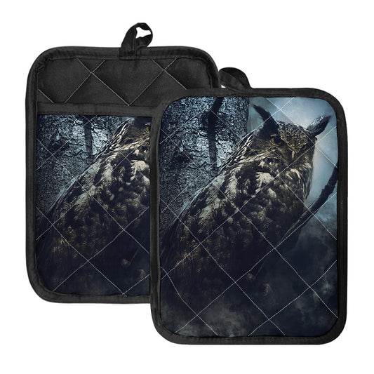 Owl At Night Print Pot Holders With Pocket