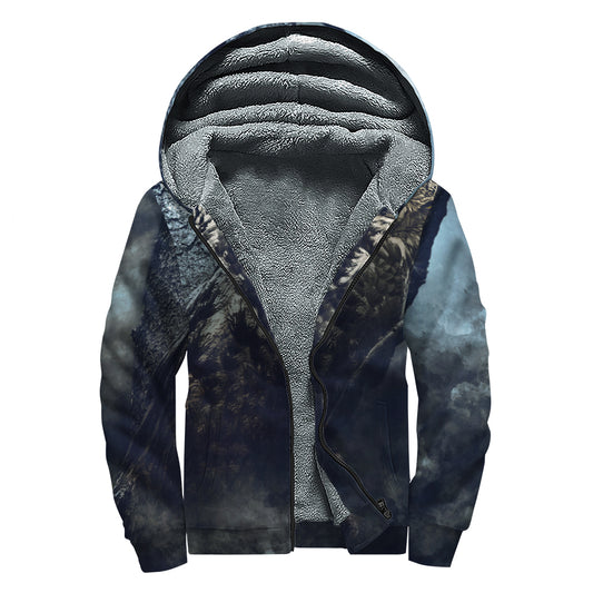 Owl At Night Print Sherpa Lined Zip Up Hoodie