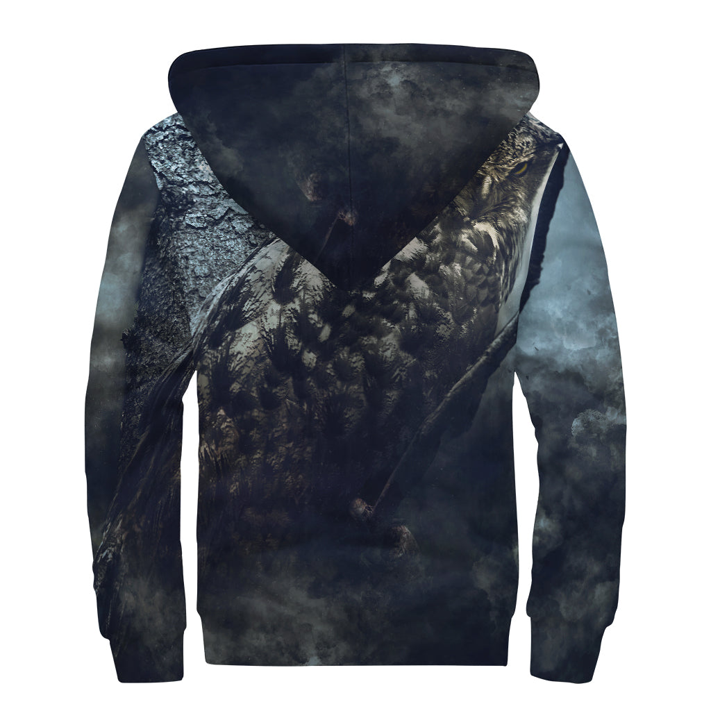 Owl At Night Print Sherpa Lined Zip Up Hoodie