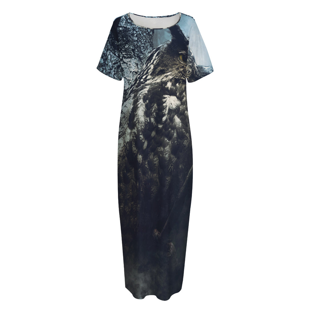 Owl At Night Print Short Sleeve Long Nightdress