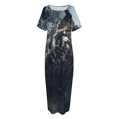 Owl At Night Print Short Sleeve Long Nightdress