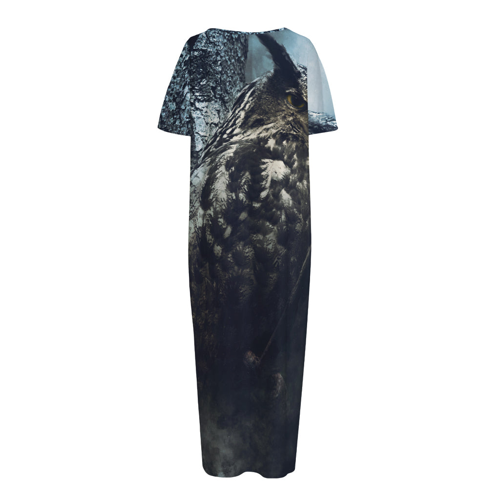 Owl At Night Print Short Sleeve Long Nightdress