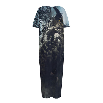 Owl At Night Print Short Sleeve Long Nightdress