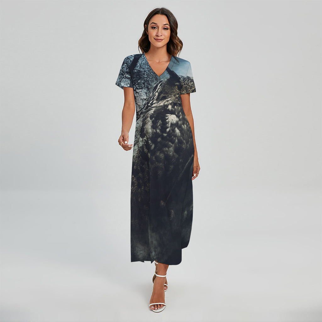 Owl At Night Print Short Sleeve Maxi Dress