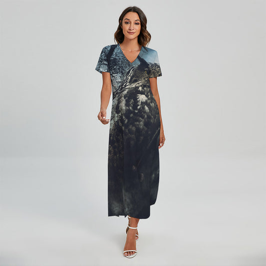 Owl At Night Print Short Sleeve Maxi Dress
