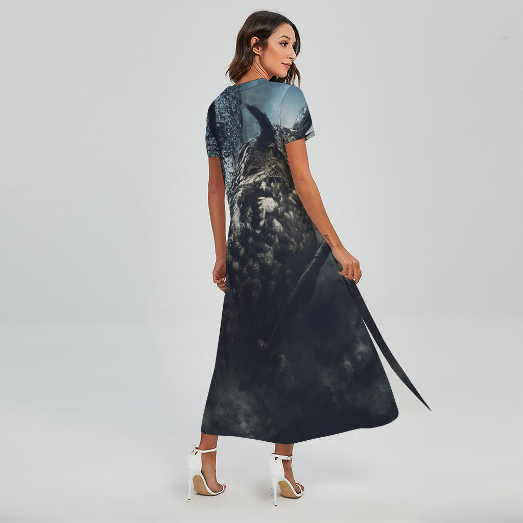 Owl At Night Print Short Sleeve Maxi Dress