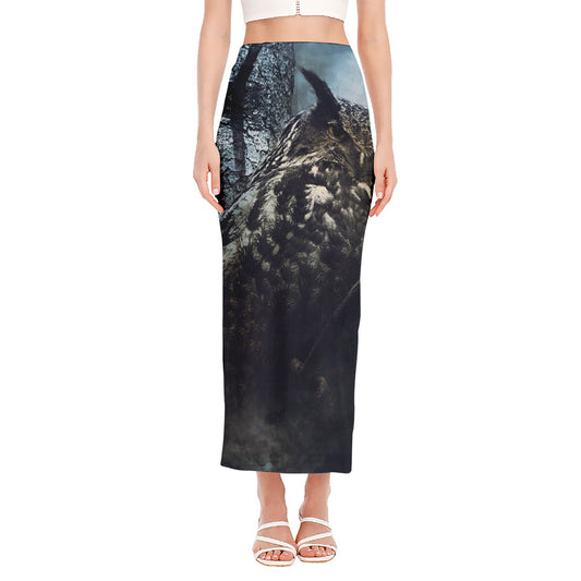Owl At Night Print Side Slit Maxi Skirt