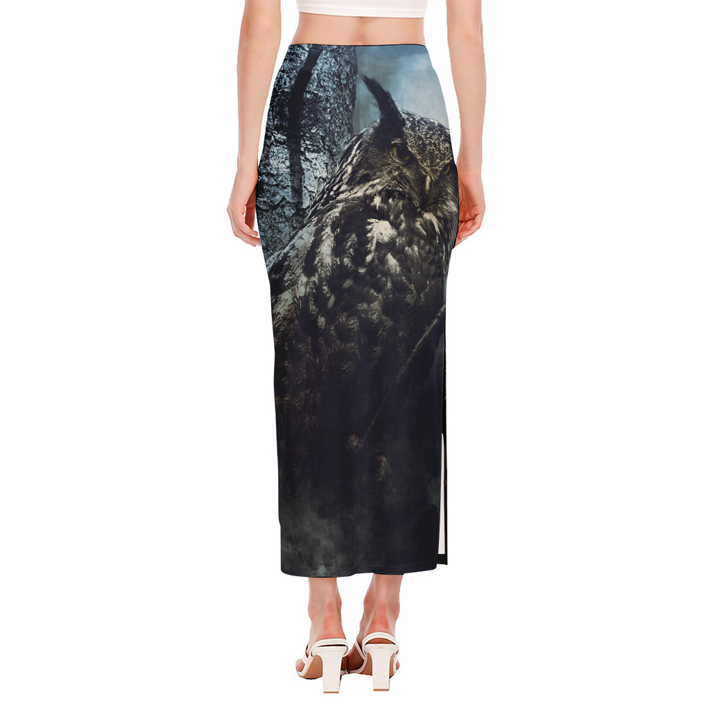 Owl At Night Print Side Slit Maxi Skirt