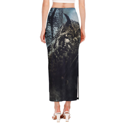 Owl At Night Print Side Slit Maxi Skirt