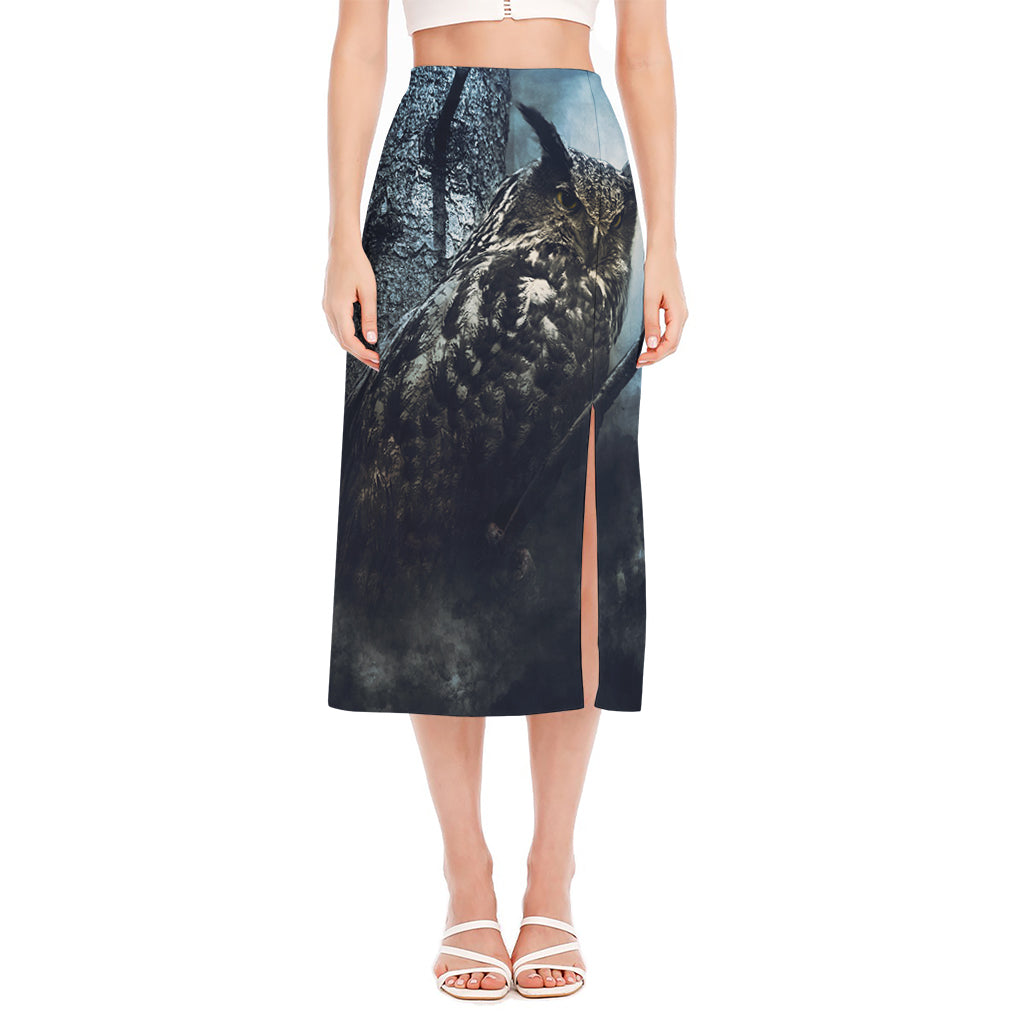 Owl At Night Print Side Slit Midi Skirt