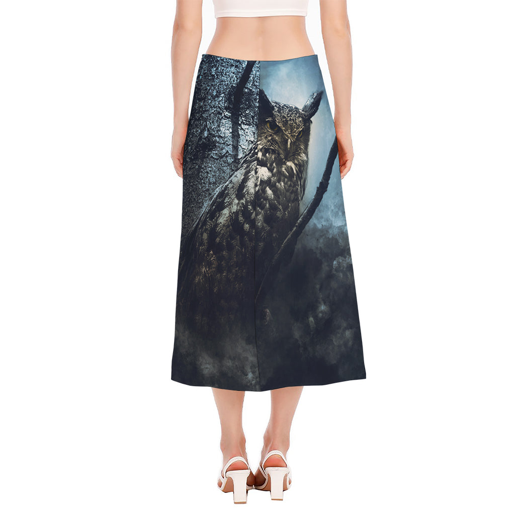 Owl At Night Print Side Slit Midi Skirt