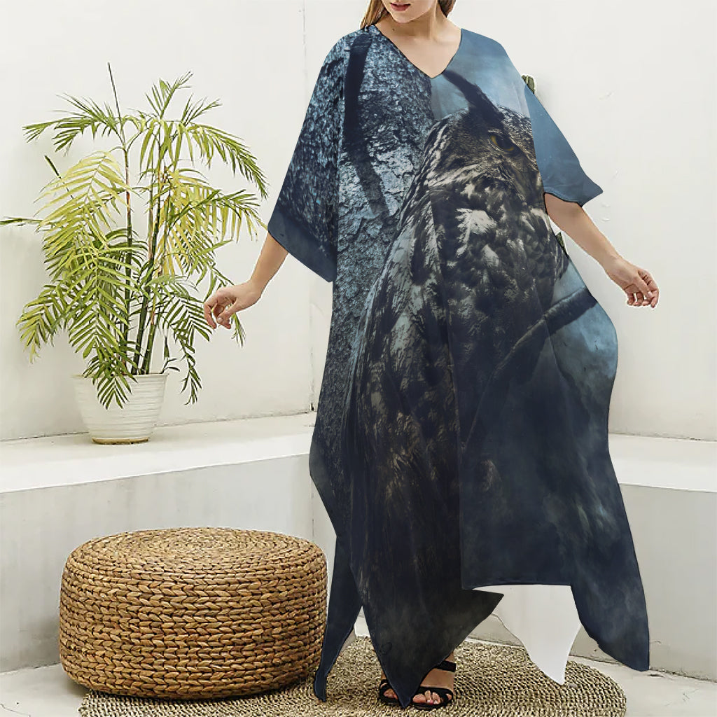 Owl At Night Print Silk V-Neck Kaftan Dress