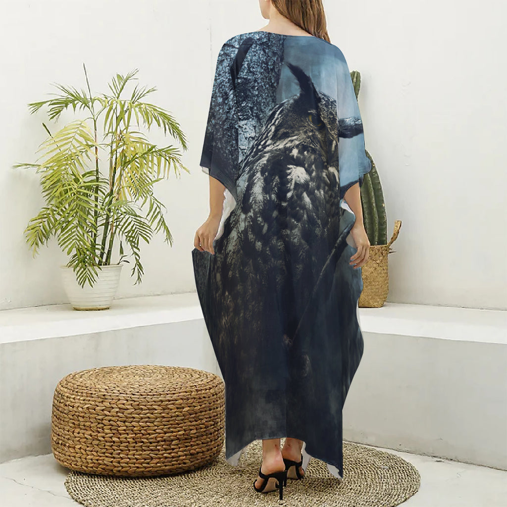 Owl At Night Print Silk V-Neck Kaftan Dress