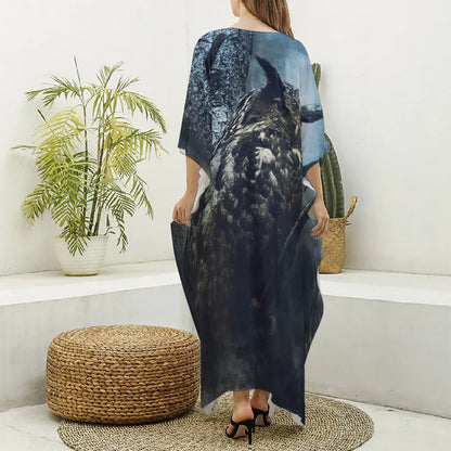 Owl At Night Print Silk V-Neck Kaftan Dress
