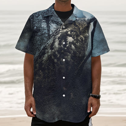 Owl At Night Print Textured Short Sleeve Shirt