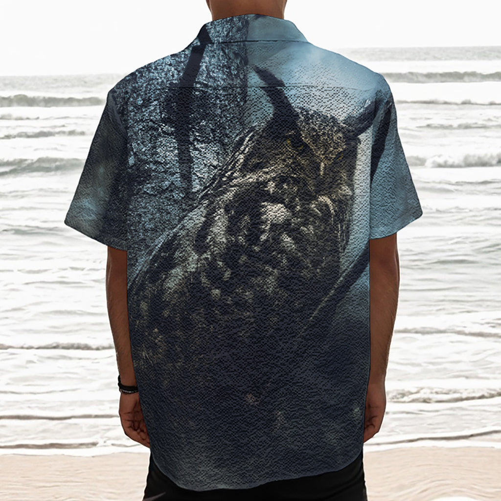 Owl At Night Print Textured Short Sleeve Shirt