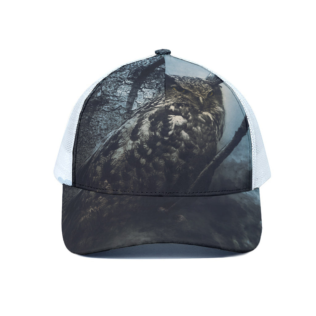 Owl At Night Print White Mesh Trucker Cap