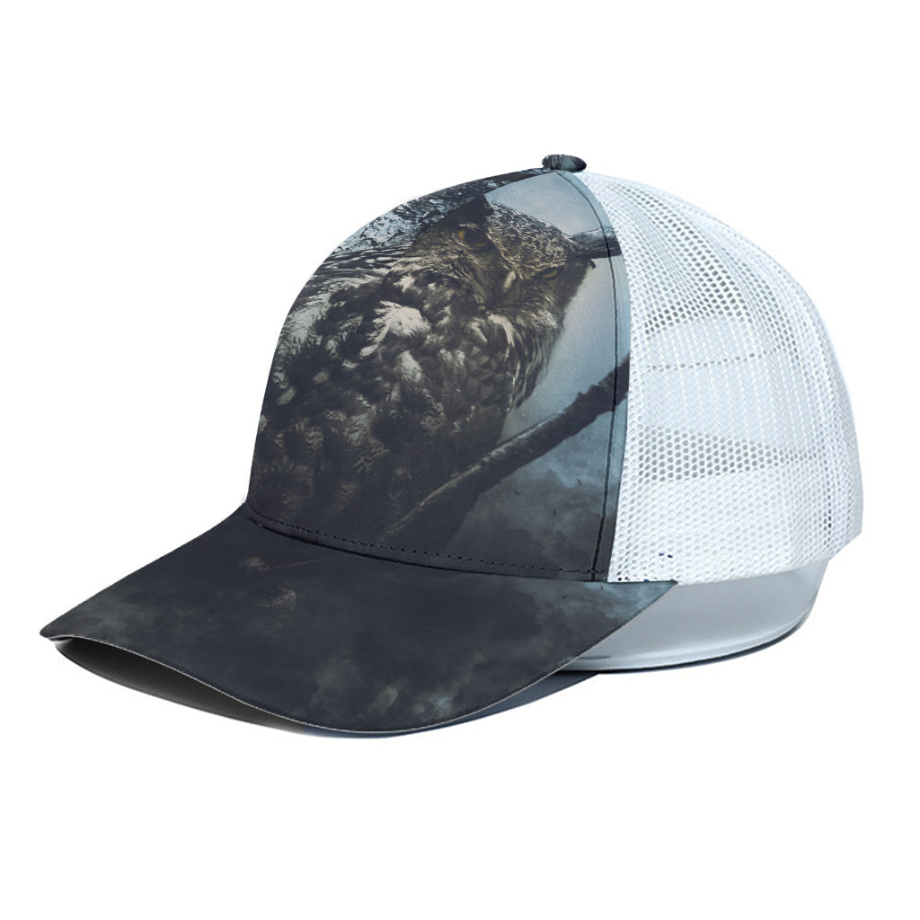 Owl At Night Print White Mesh Trucker Cap