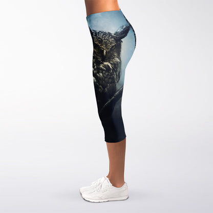 Owl At Night Print Women's Capri Leggings