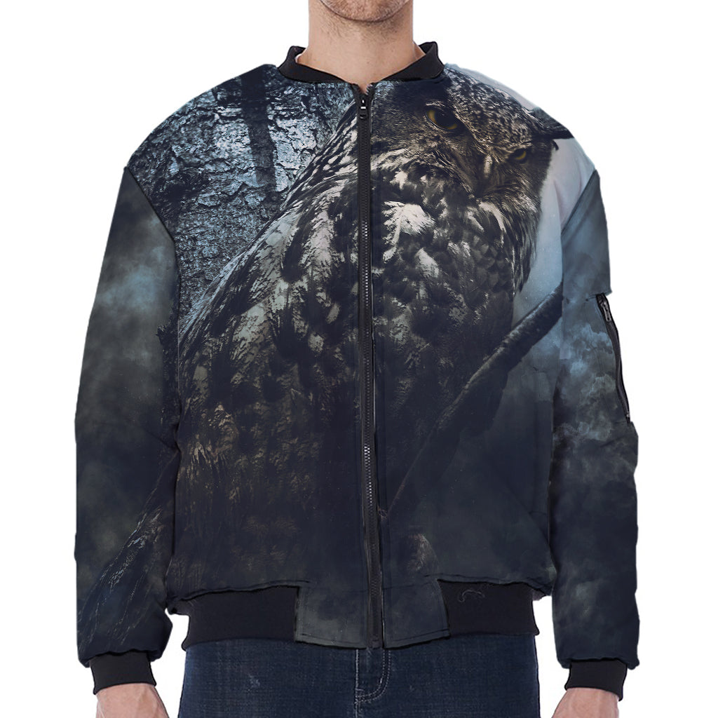 Owl At Night Print Zip Sleeve Bomber Jacket