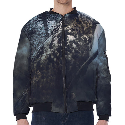 Owl At Night Print Zip Sleeve Bomber Jacket