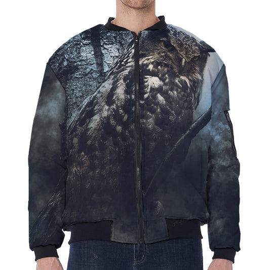 Owl At Night Print Zip Sleeve Bomber Jacket