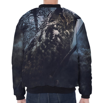 Owl At Night Print Zip Sleeve Bomber Jacket