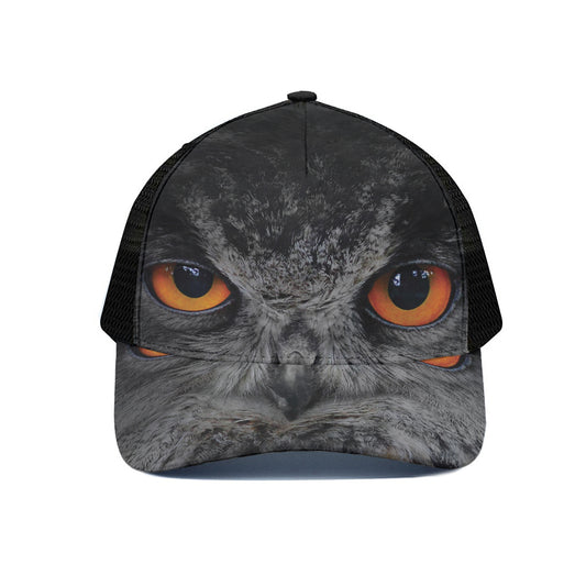 Owl Eyes Print Black Mesh Trucker Cap