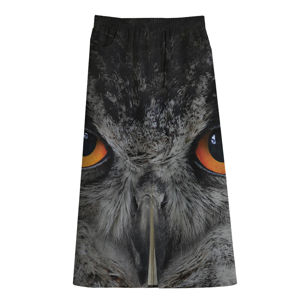 Owl Eyes Print Cotton Front Slit Maxi Skirt