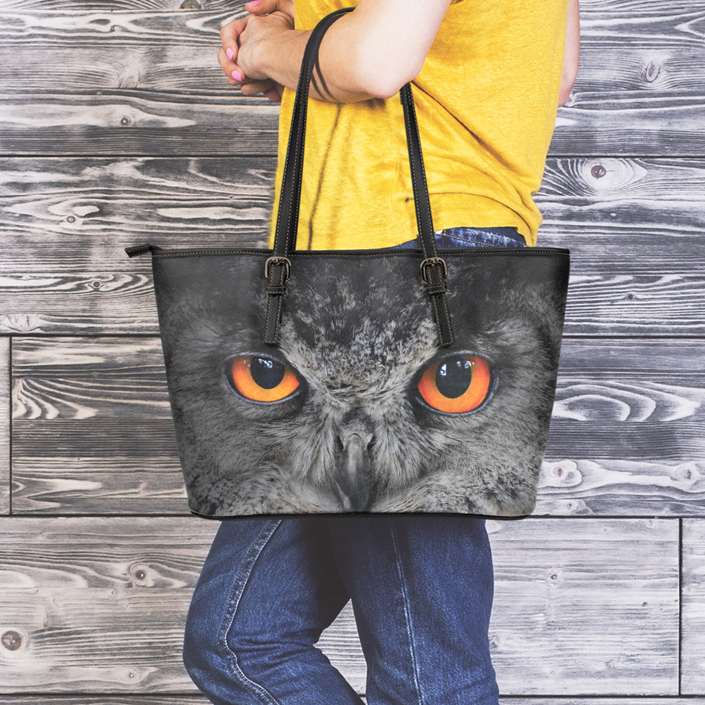 Owl Eyes Print Leather Tote Bag