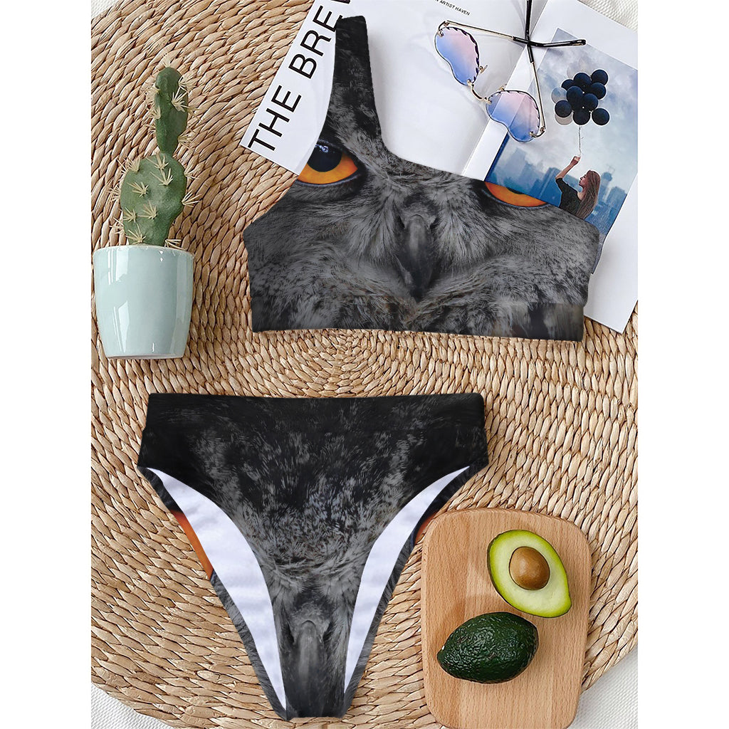 Owl Eyes Print One Shoulder Bikini Top