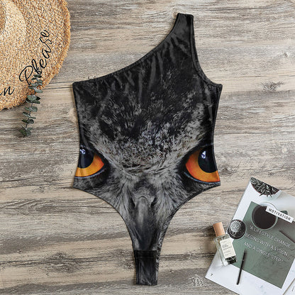 Owl Eyes Print One Shoulder Bodysuit