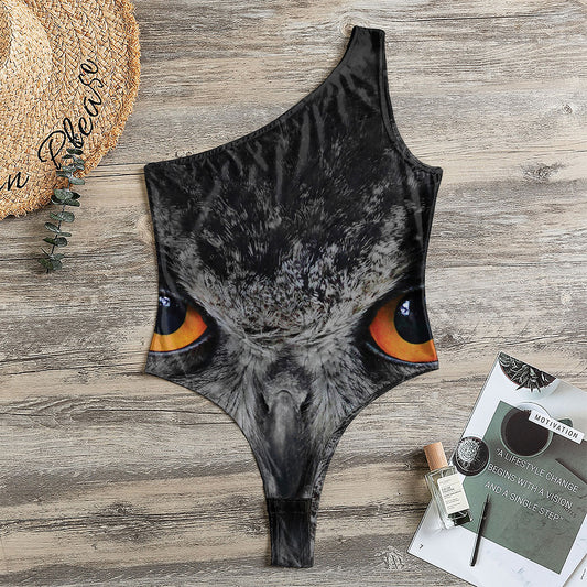 Owl Eyes Print One Shoulder Bodysuit