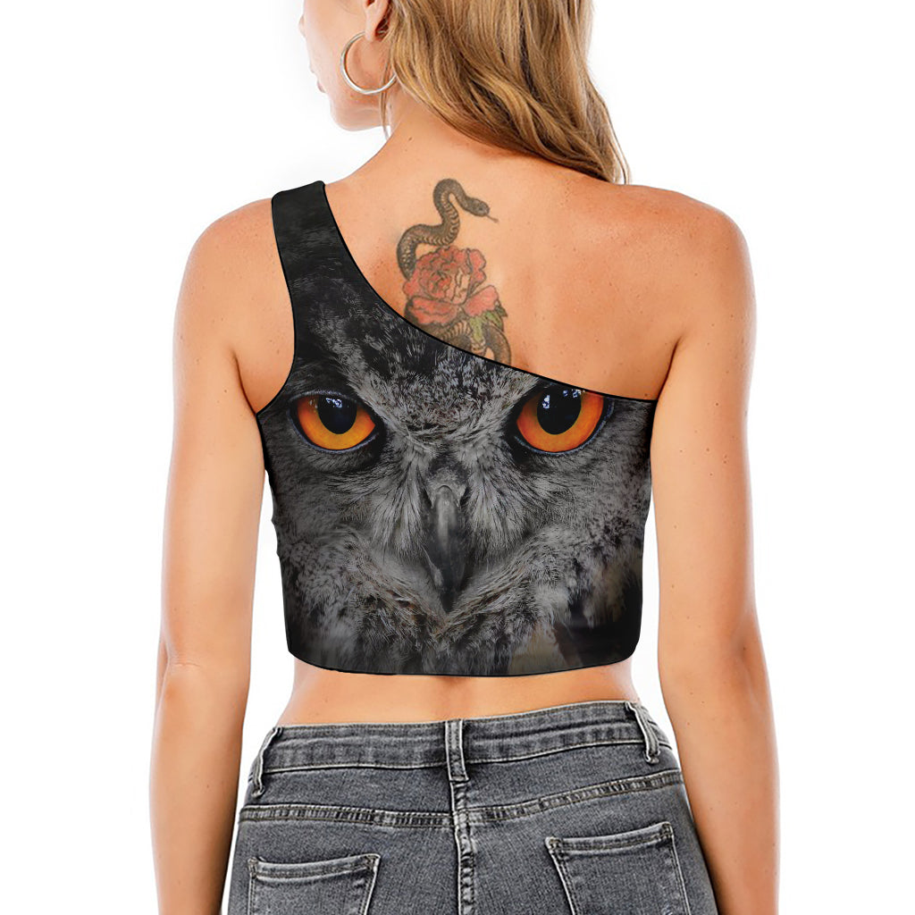 Owl Eyes Print One Shoulder Crop Top