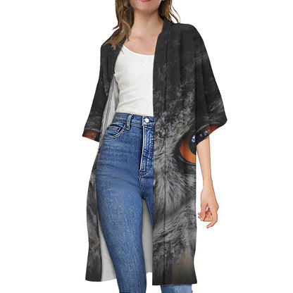 Owl Eyes Print Open Front Beach Cover Up